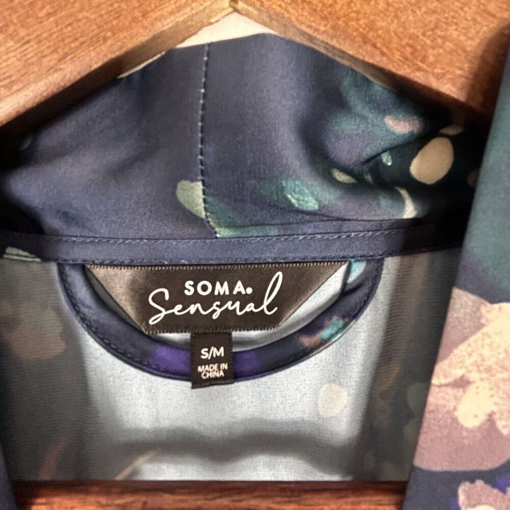 Soma Sensual Robe Wrap Kimono Floral Hummingbird Satin Boudoir Blue Size S/M - Picture 3 of 9